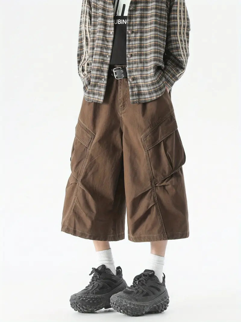 Men’s Brown Cargo Shorts – Loose Fit Striped Design with Drawstring Waist & Large Utility Pockets Brown