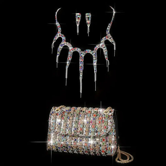 4pcs Elegant Ladies’ Clutch & Jewelry Set – Multi-Color PU Handbags with Adjustable Straps, Sparkling Necklace & Earrings for Weddings, Parties & Banquets