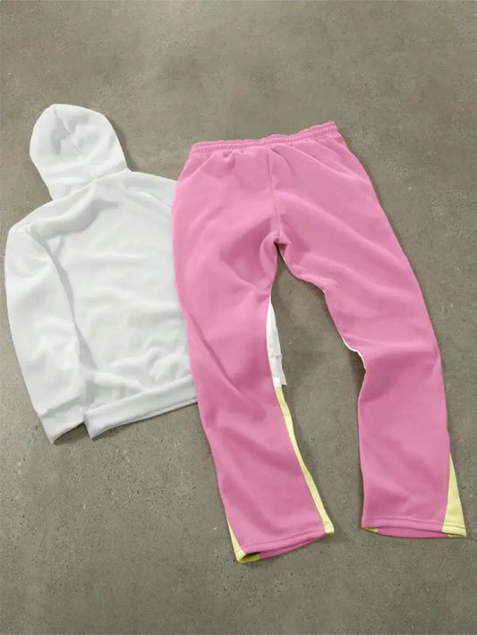 Men’s Street Style Hoodie Set – Figure Print Sweatshirt & Flared Pants for Spring/Fall Fashion