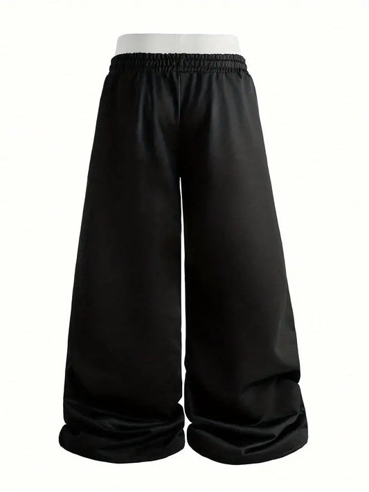 Men’s Vintage Four-Stripe Street Style Pants – Loose Fit Black & White Color Block Trousers with Elastic Waistband for Casualwear, School & Modern Street Fashion