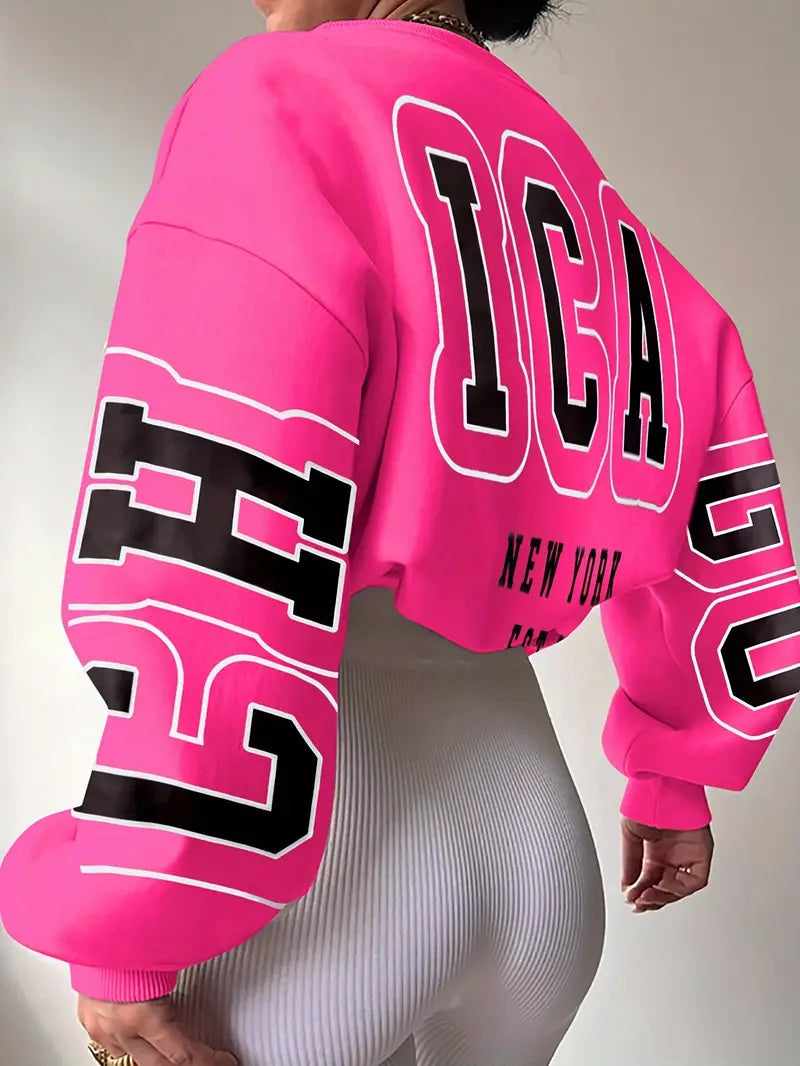 Women's Neon Lettering Sweatshirt Oversized Crewneck Pullover Smooth Texture Machine Washable Casual Elegant Cyan Yellow