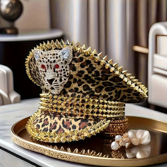 Festival Bling Leopard Print Captain Hat – Rhinestone Military Cap for Raves, Cosplay & Music Festivals