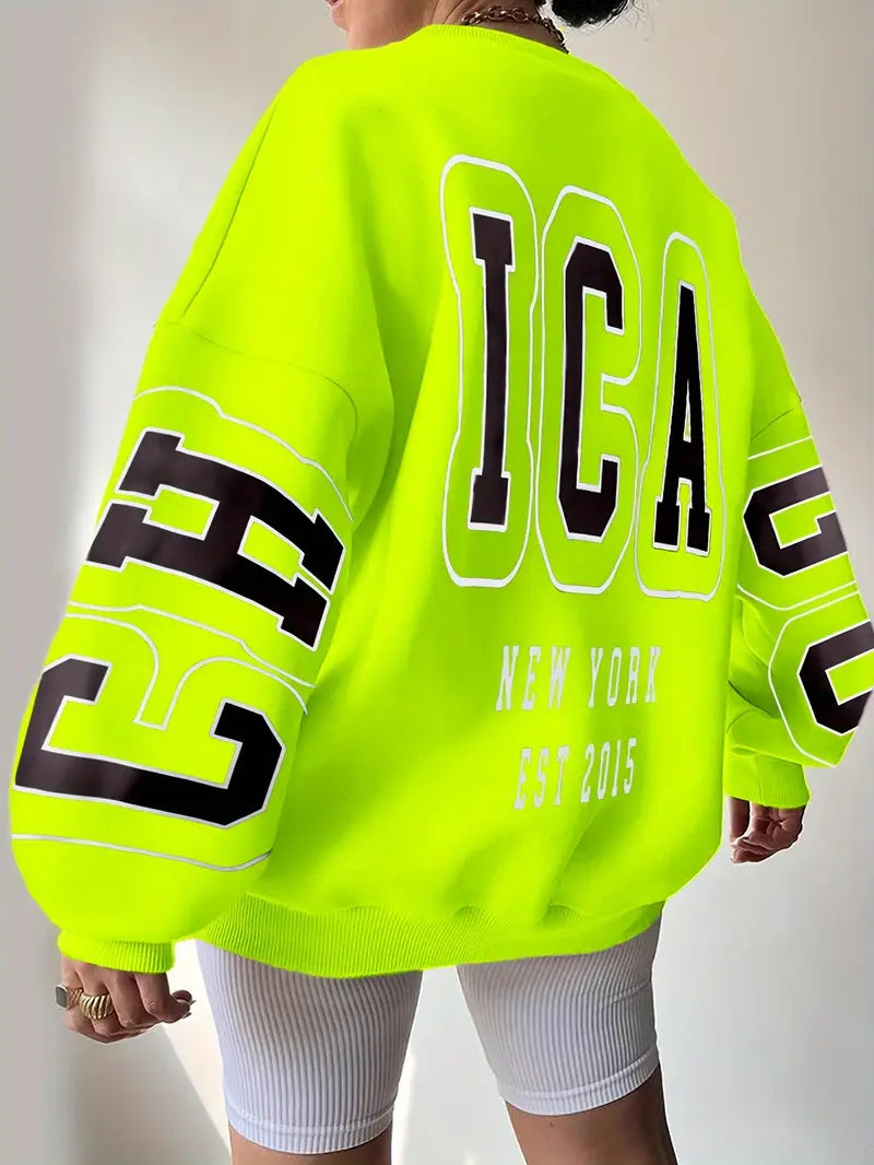 Women's Neon Lettering Sweatshirt Oversized Crewneck Pullover Smooth Texture Machine Washable Casual Elegant Cyan