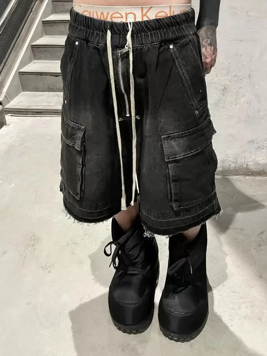 Men’s Distressed Denim Shorts – Loose Fit Workwear with Frayed Hem & Multi-Pocket Industrial Style