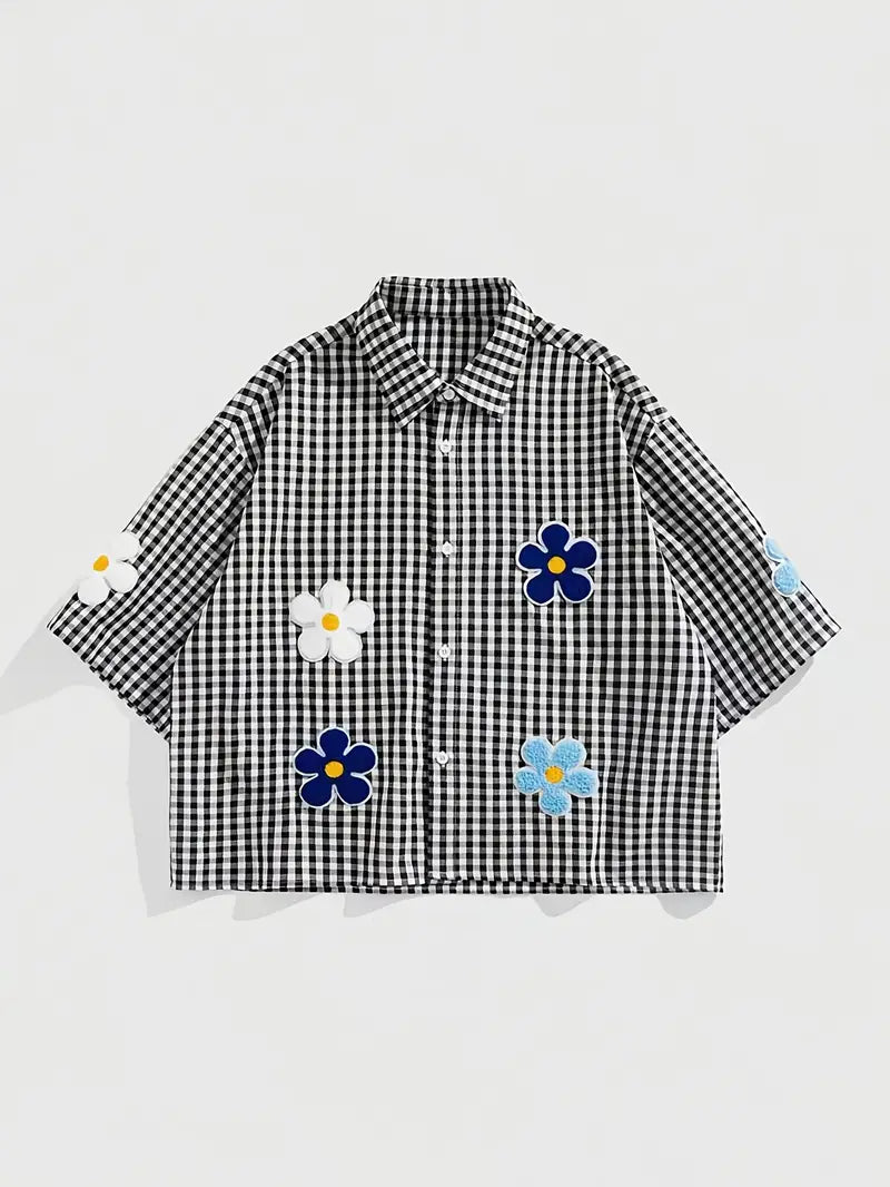 Men's White Gingham Shirt with Floral Embroidery Short Sleeve Button-Up Lightweight Summer Streetwear