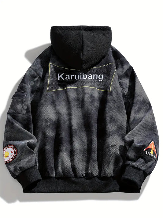 Men's Plus Size Tie-Dye Hooded Jacket Zip-Up Loose Fit with Letter Print and Multiple Pockets