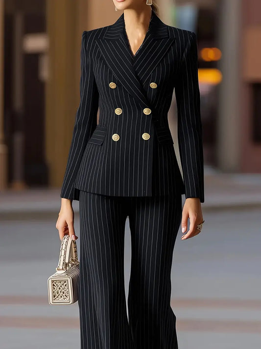 Women’s Summer Suit Set – Trendy Wide-Leg Trousers with Metal Button Detail, Loose Fit Blazer for Casual Fashion, Weekend Outings & Shopping