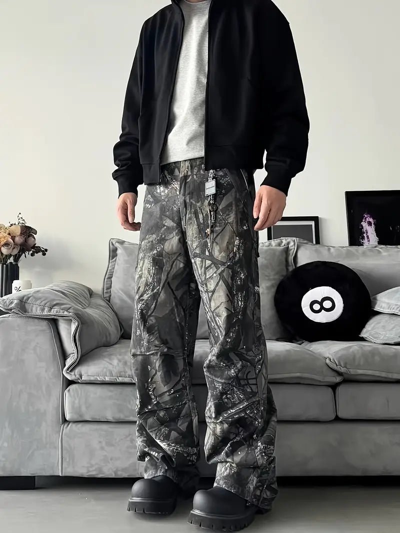 Men’s Camouflage Cargo Pants – Non-Stretch Straight-Leg Trousers with Pockets for Urban Streetwear