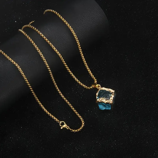 Plated Stainless Steel Necklace – Crystal Cube Pendant, Polychrome Finish, Fashion Jewelry Gift for Women & Teens