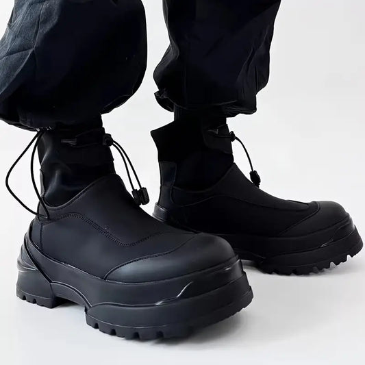 Men's Vintage Street Boots – Solid Color Ankle Footwear, Elastic Closure, Round Toe, Hiking Casual Style