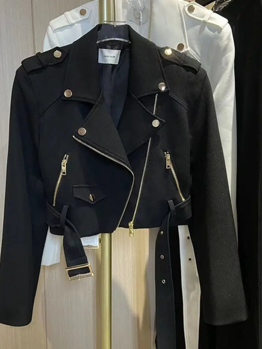 Women’s Retro Motorcycle Jacket – Slim-Fit Short Coat with Stand Collar, Golden Hardware & Full-Zip Closure for Fall Commuting & Streetwear