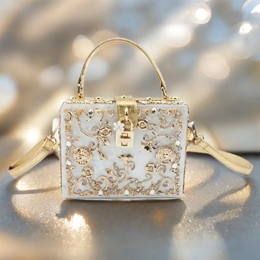 Ladies Acrylic Rhinestone Evening Clutch – Square Box Glitter Crossbody Purse with Zipper Closure & Golden-Tone Hardware