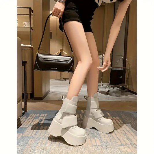 Women’s Black Platform Wedge Ankle Boots – Round Toe, Slip-Resistant Sole, Adjustable Strap, Chic High Heel Design