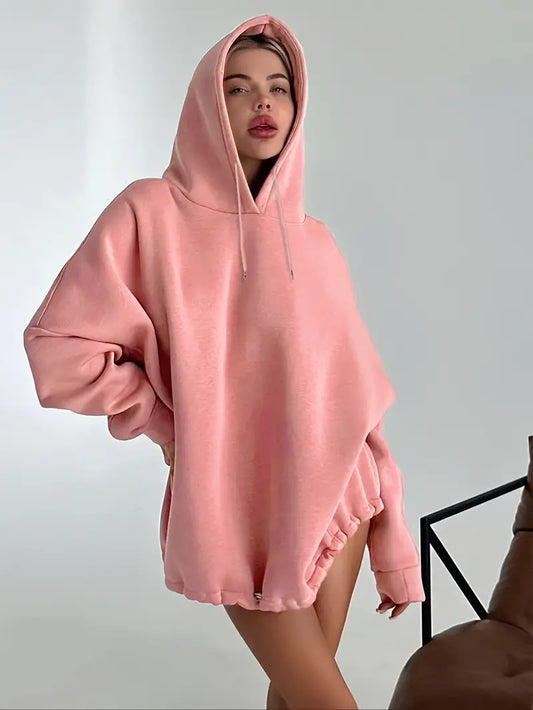 Women's Plus Size Oversized Pink Hoodie Cozy Polyester Blend Pullover with Drawstring Hood Casual Winter Sweatshirt Peach