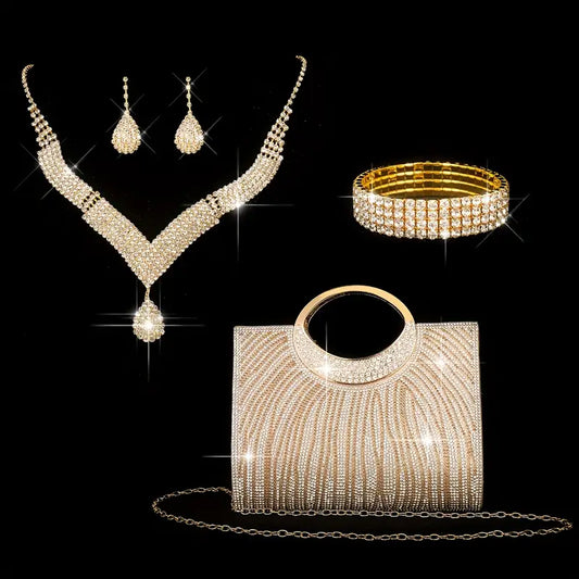 4-Piece Sparkly Dinner Bag & Jewelry Set – Rhinestone Tote, Shoulder Bag, Necklace, Earrings, Bracelet