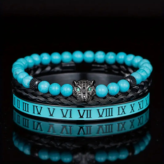 Piece Luxury Bracelet Set – CZ Leopard Head, Roman Numerals & Stone Beads for Men and Women