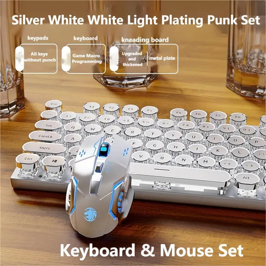 Typewriter Mechanical Gaming Keyboard and Mouse Combo – Full Metal Panel, 104-Key Full-Size Layout, Retro Punk Round Keycaps, LED Backlit, USB Wired, Blue Switches, Compatible with Windows & Laptops