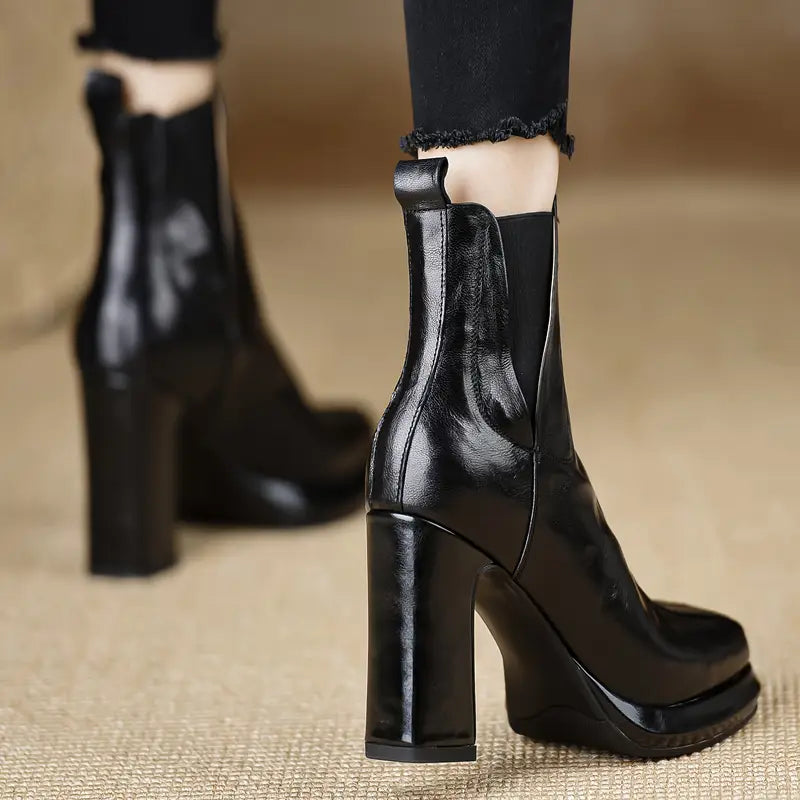 Women’s Chunky 7cm Lift Ankle Boots – PU Cover, Square Toe, Cushioned Insole & Non-Slip Rubber Sole