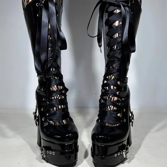 Goth Chunky Platform Knee-High Boots – Black Patent with Rivets, Satin Lace-Up, Y2K Punk Style for & Women