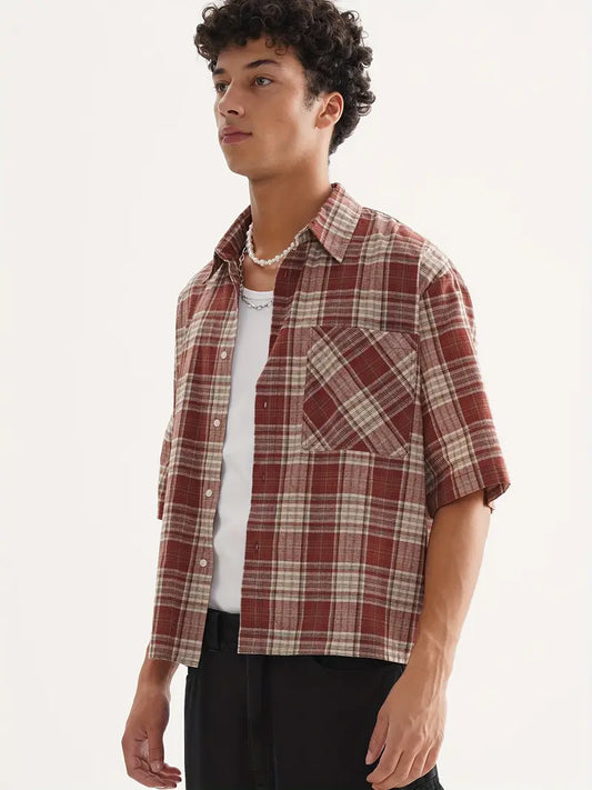 Men's Beige Blue Black Plaid Cropped Shirt Oversized Button-Up Relaxed Fit Short Sleeve Casual Top