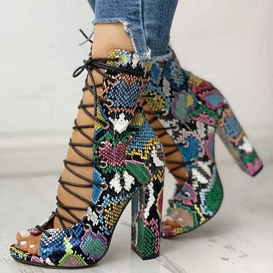 Women’s Chunky Heel Platform Lace-Up High Heels – Open-Toe Dress Shoes with Arch Support, Multicolor Synthetic Upper & TPR Sole