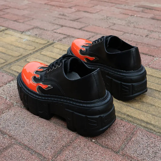 Women’s Gothic Punk Platform Sneakers – Flame Design Lace-Up Shoes with Thick Sole & PU Upper for Concerts, Streetwear & Themed Events