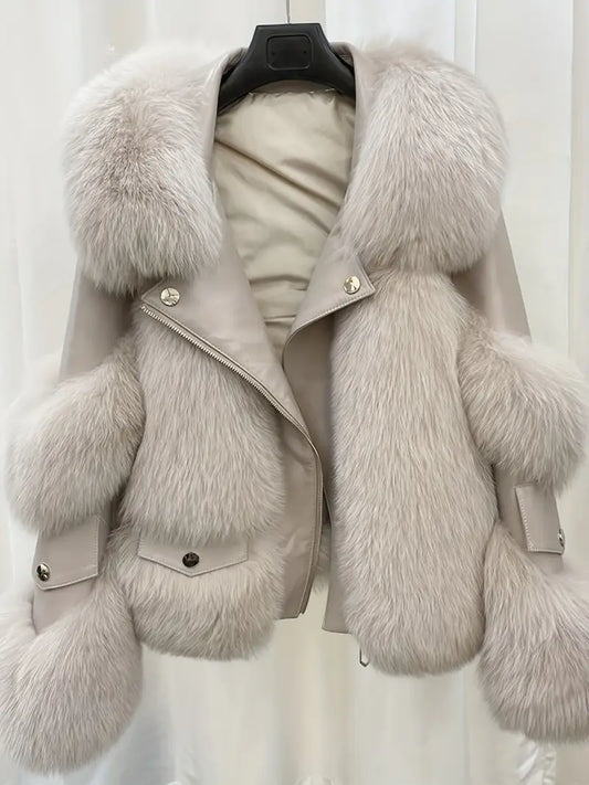 Women's Elegant Faux Fur Coat with Plush Collar Full-Length Winter Jacket Soft Lining Grey Black