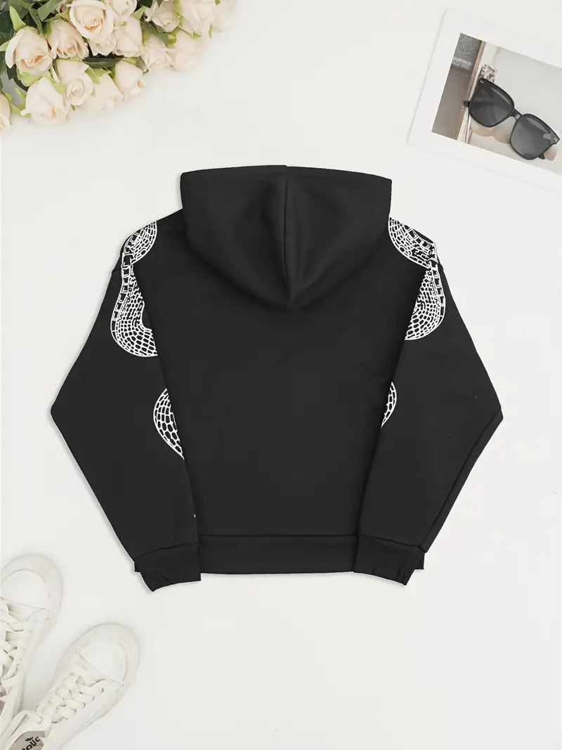 Women's Y2K Streetwear Hoodie with Snake Print Lettering Black Pullover Sweatshirt Gothic Style