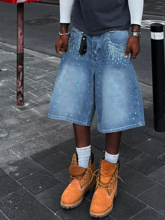 Men’s Knee-Length Denim Shorts – Loose Fit Cropped Jeans with Shiny Details, Belt Loops & Pockets