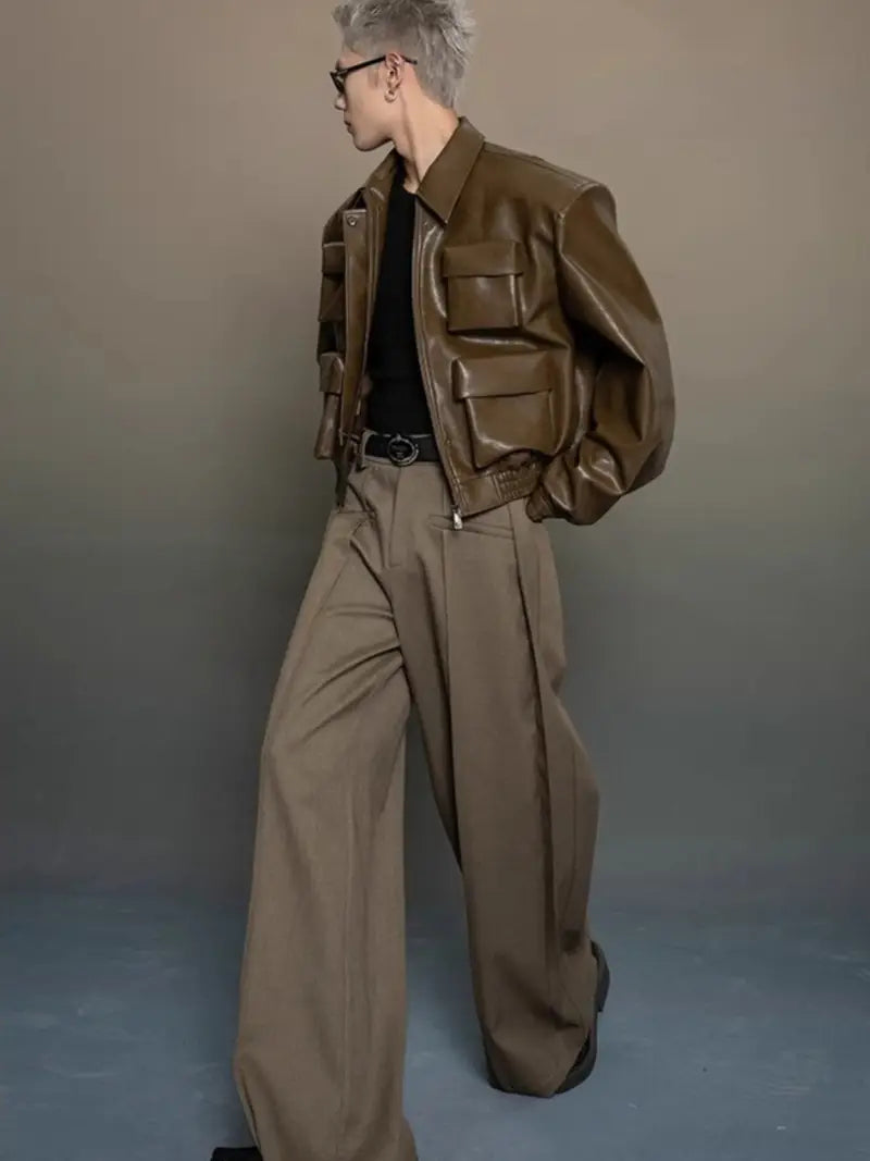 Men's Full-Zip Jacket with Multi-Pocket Design Black Loose Fit Casual Outerwear for Spring Autumn Mature Style