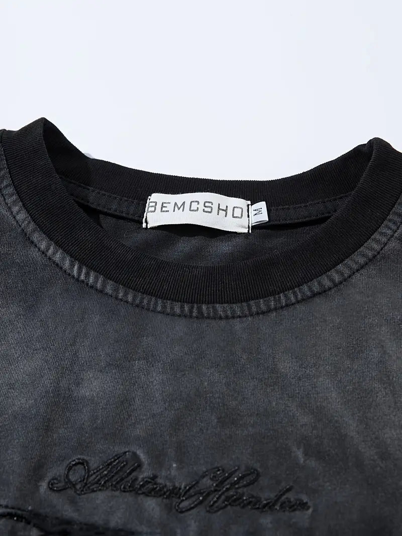 Men's Vintage Washed Tie-Dye T-Shirt Embroidered Letters Loose Fit Crew Neck Short Sleeve Summer Top