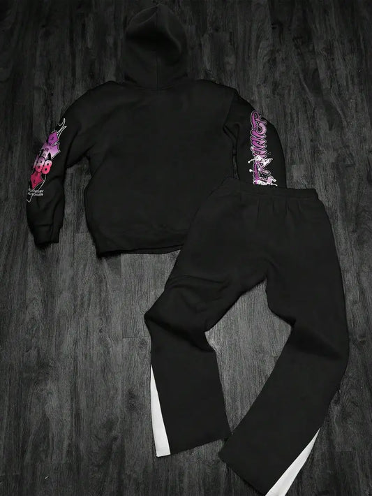 Men’s Gothic Skull Hoodie Set – Black & White 3D Letter Print Sweatshirt and Joggers for Streetwear