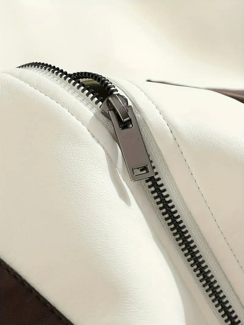 Unisex Casual Jacket for Couples Brown Color Block Design Full-Zip Polyester Coat for Outdoor Everyday Wear