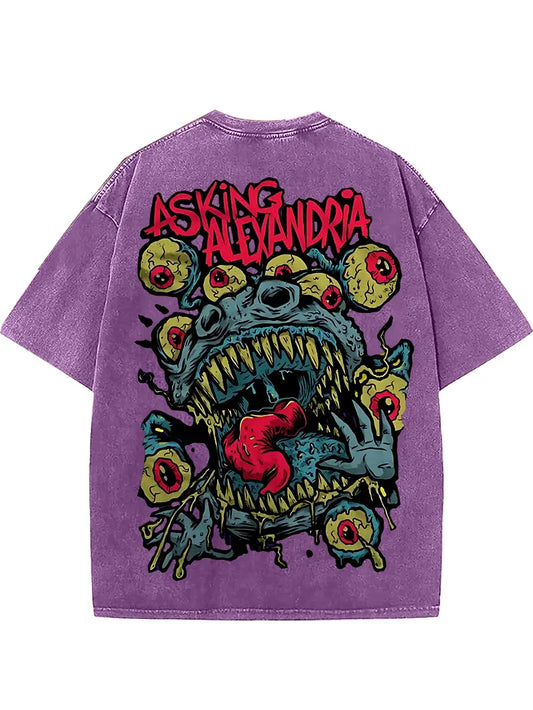 Men's Horror Graphic T-Shirt Distressed Black Cotton Loose Fit Short Sleeve ASKING Alexandria Print