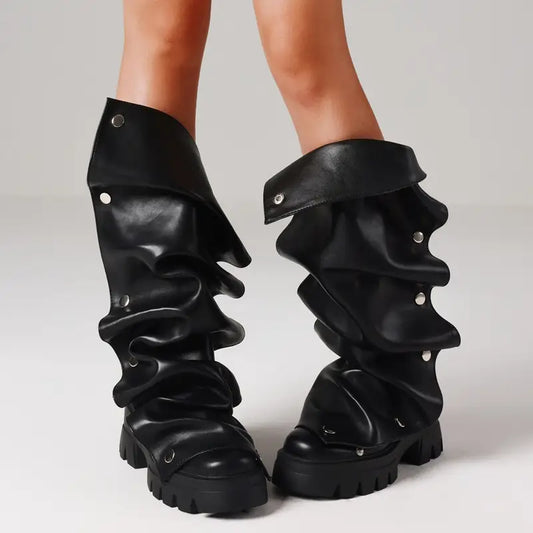 Women’s Chunky Platform Mid-Calf Boots – Punk Style Pull-On Design with Non-Slip Rubber Sole & Glossy PU Cover