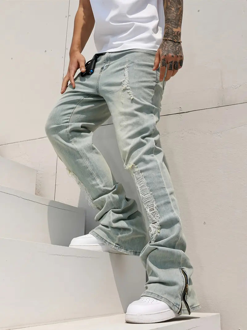 Men’s Flared Stretch Denim Jeans – Washed Blue Bell-Bottom Pants with Zipper Closure & Streetwear Fit