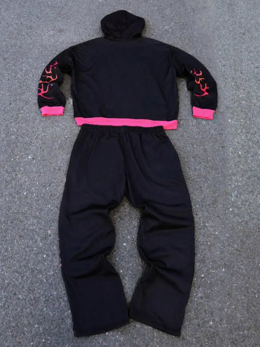 Men’s Dark Style Hoodie Set – Starry Thorn Letter Print Sweatshirt & Flared Pants for Streetwear