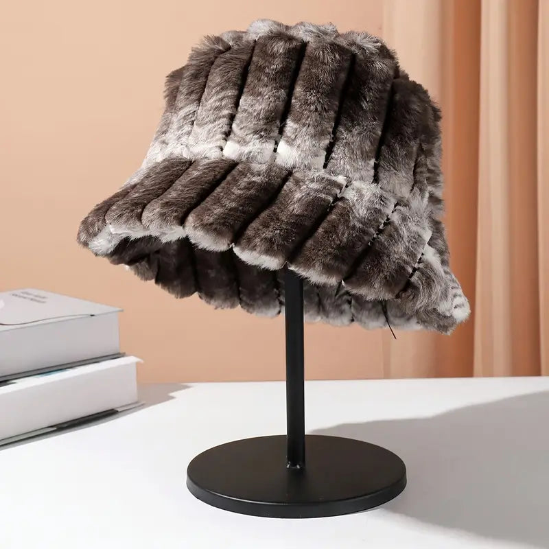 Unisex Winter Bucket Hat – Soft Plush Faux Rabbit Ear Design, Tie-Dye Accents, Adjustable Drawstring