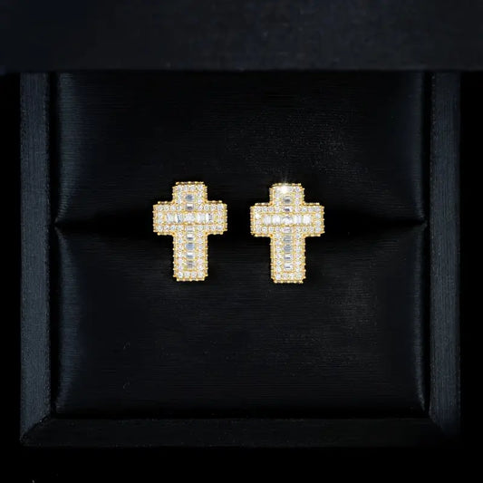 VVS1 Moissanite Baguette Cross Earrings – S925 Sterling Silver, Unisex Luxury Hip-Hop Style with Sparkling Detail