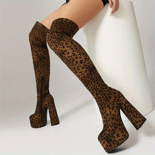 Women’s Y2K Leopard Print Over-the-Knee Boots – Chunky Block Heel, Platform Sole, Side Zipper, PU Cover