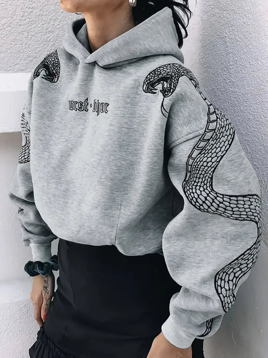 Women's Y2K Streetwear Hoodie with Snake Print Lettering Black Pullover Sweatshirt Gothic Style