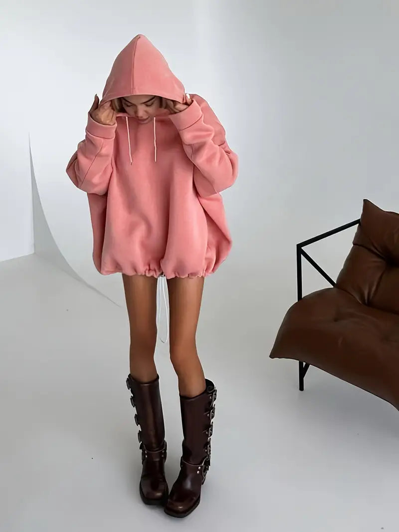 Women's Plus Size Oversized Pink Hoodie Cozy Polyester Blend Pullover with Drawstring Hood Casual Winter Sweatshirt