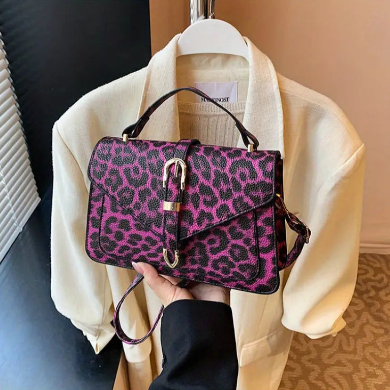 Vintage Leopard Print Crossbody Bag – Adjustable Strap, Golden Hardware, Canvas Material Red