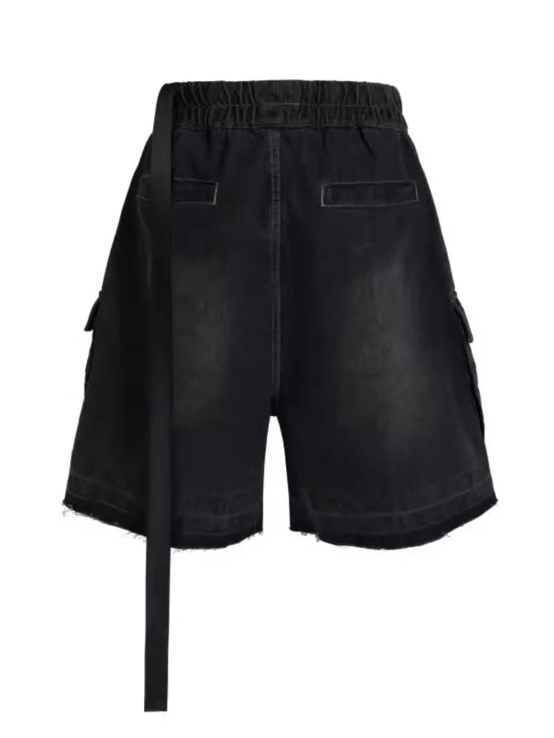 Men’s Distressed Denim Shorts – Loose Fit Workwear with Frayed Hem & Multi-Pocket Industrial Style