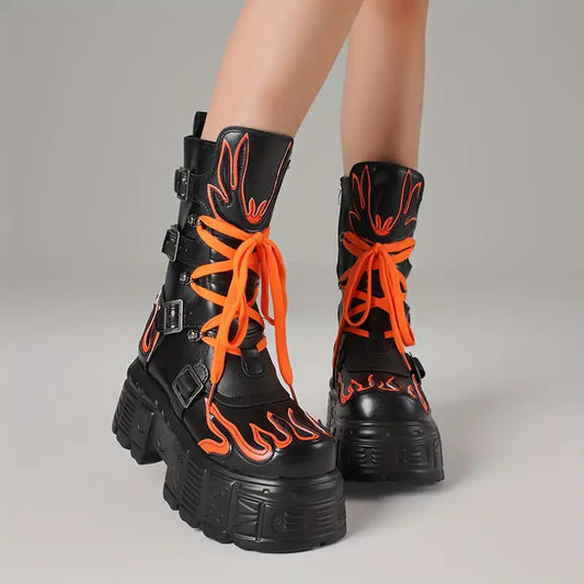 Women’s Punk Gothic Combat Boots – Chunky Platform Mid-Calf Boots with Side Zipper & Lace-Up Closure, Heavy-Duty Rubber Sole for Festivals & Streetwear