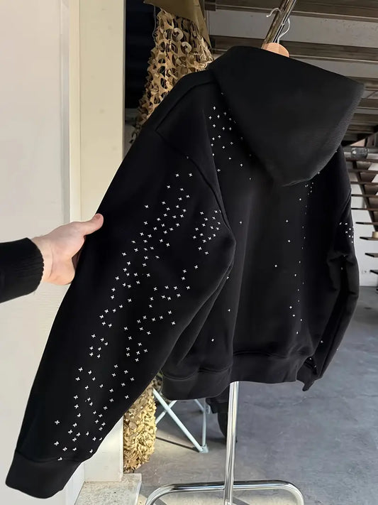 Gothic Star Rhinestone Hoodie – Black Zipper Hooded Sweatshirt, Unisex Loose-Fit Streetwear for Concerts, Parties & Everyday Fashion