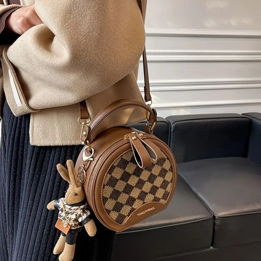 Women’s Elegant Coffee Brown Crossbody Bag – Large Capacity Shoulder Purse with Checkered Pattern, Golden Hardware & Oiled Edge Finish
