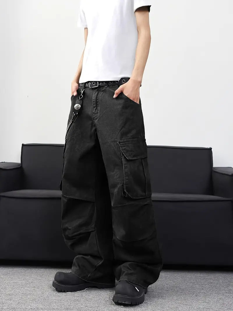 Men’s Solid Baggy Jeans – Black Loose Fit Cargo Pants with Pockets, Y2K Streetwear Style