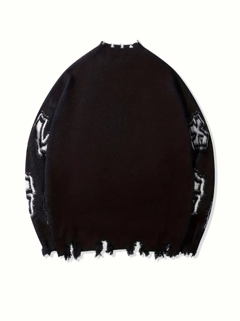 Men's Black Knit Sweater – Fringe Detail, Loose Fit, Casual Pullover for Fall & Winter Fashion