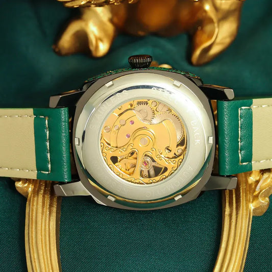 Teen Men’s Retro Mechanical Watch – Yellow-Green PU Belt, Hollow Carving Design, Night Light Feature, Battery-Free Zinc Alloy Case